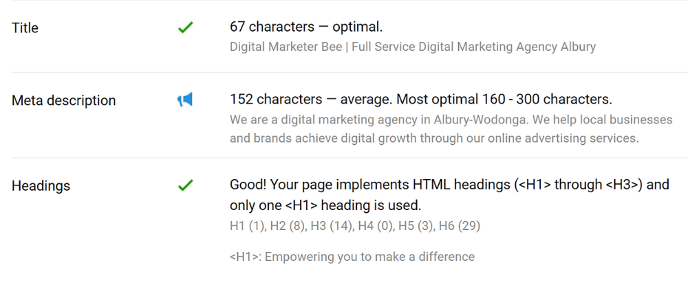 Screenshot from an SEO tool showing Title, Meta description, and Headings of a website