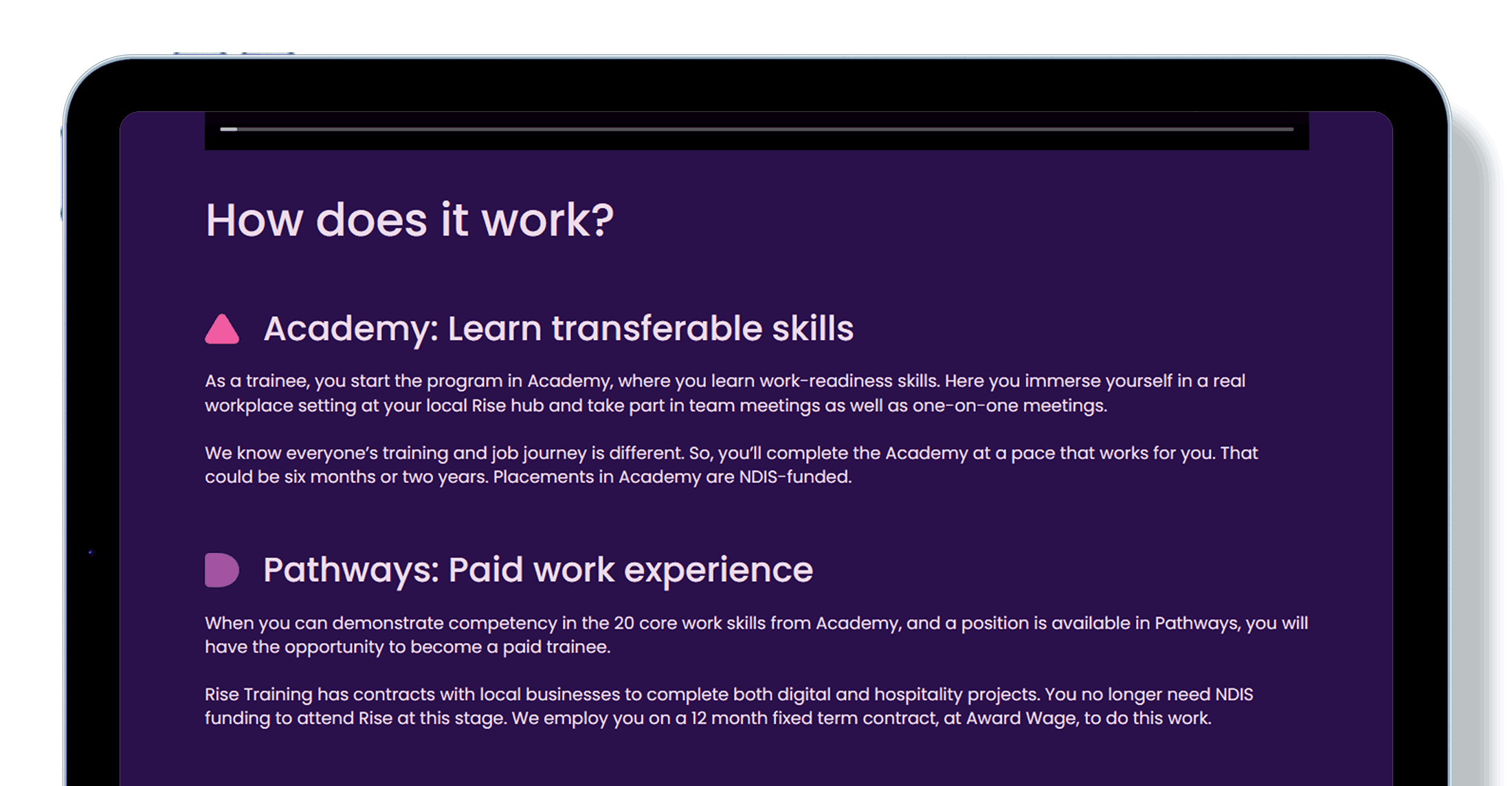 Rise Training website - laptop view